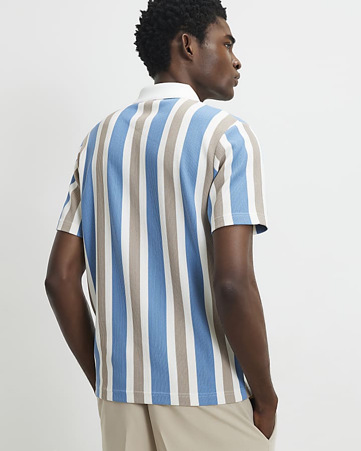Blue Slim Fit Stripe Zip Textured Polo Shirt