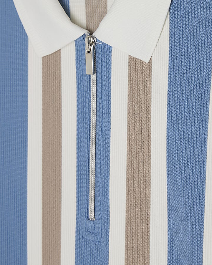 Blue Slim Fit Stripe Zip Textured Polo Shirt