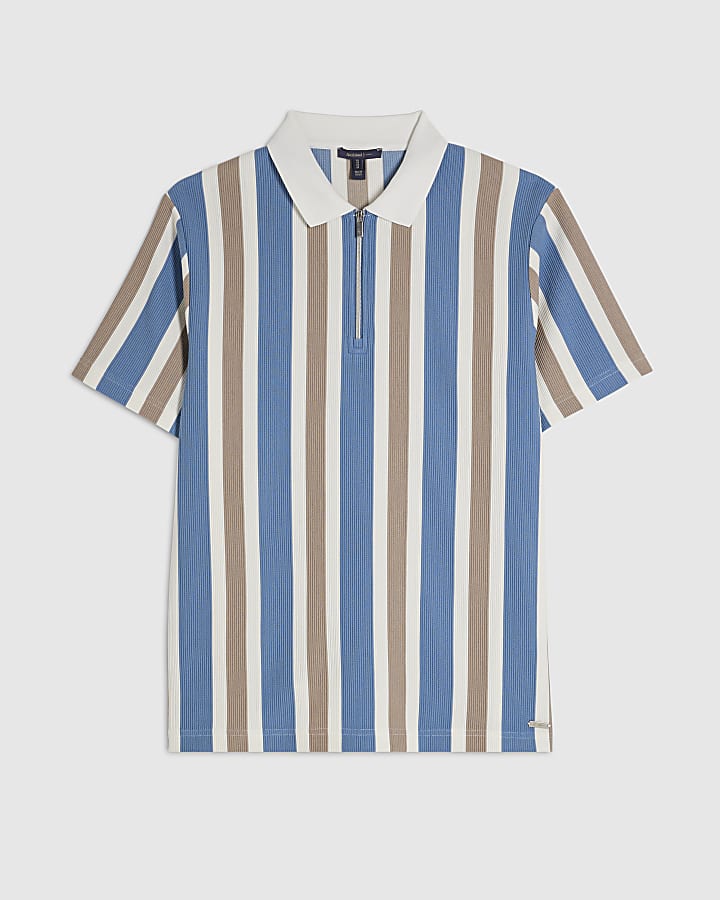 Blue Slim Fit Stripe Zip Textured Polo Shirt