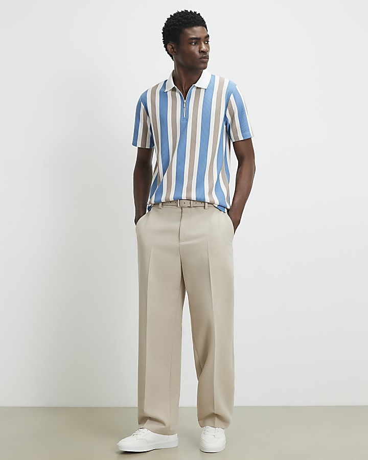 Blue Slim Fit Stripe Zip Textured Polo Shirt