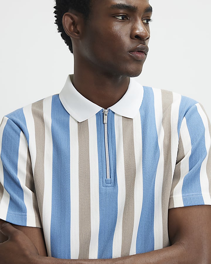 Blue Slim Fit Stripe Zip Textured Polo Shirt