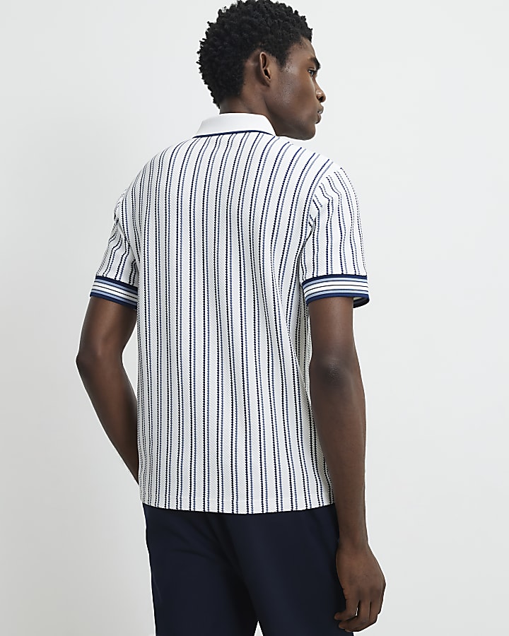 White Slim Fit Textured Stripe Polo Shirt