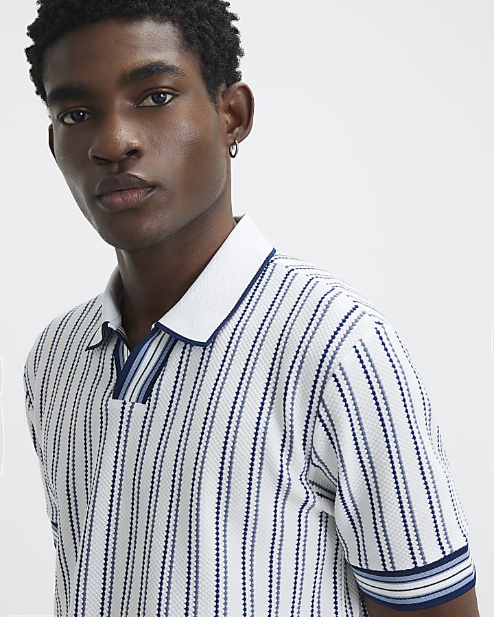White Slim Fit Textured Stripe Polo Shirt