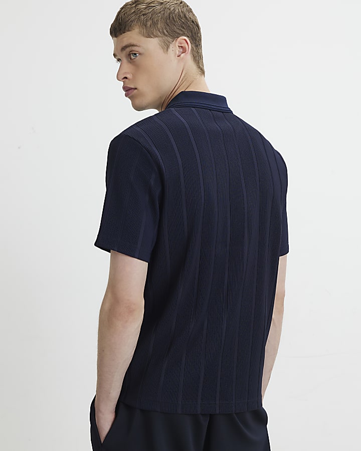 Navy Slim Fit Textured On Polo Shirt
