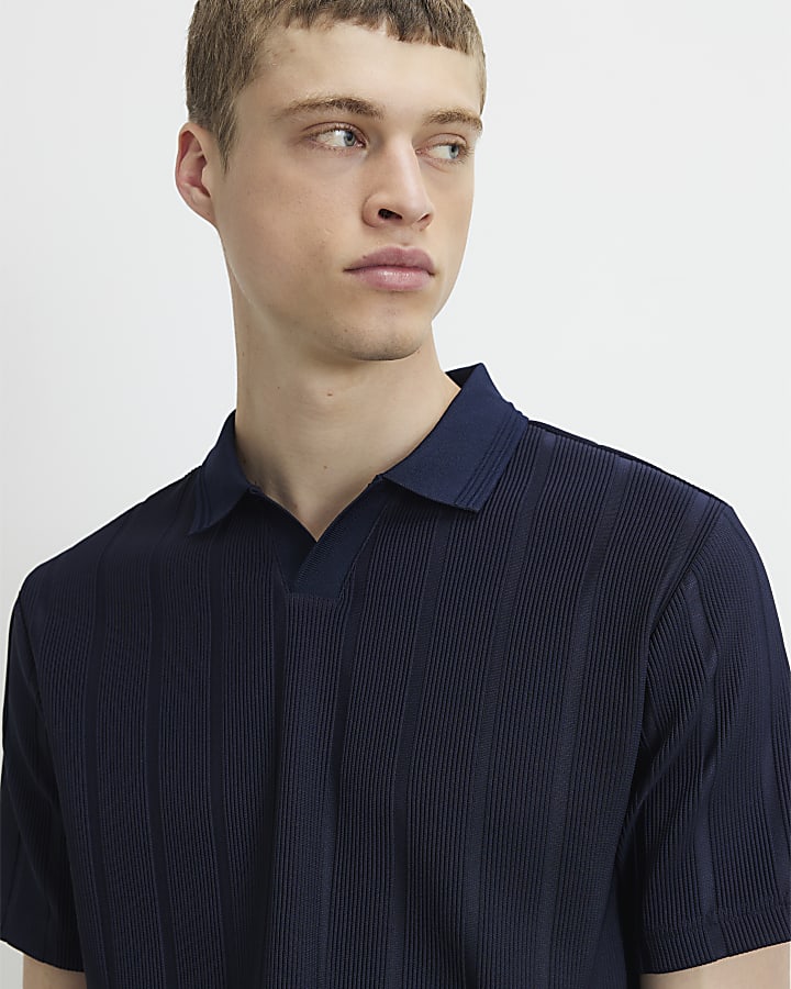 Navy Slim Fit Textured On Polo Shirt