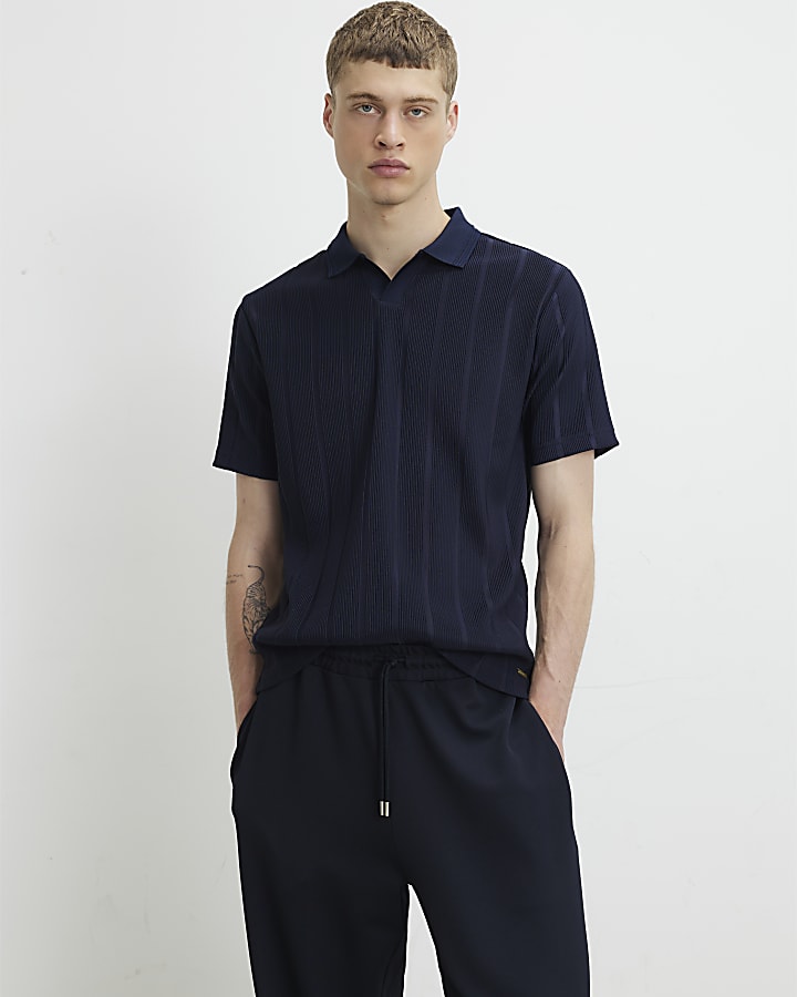 Navy Slim Fit Textured On Polo Shirt