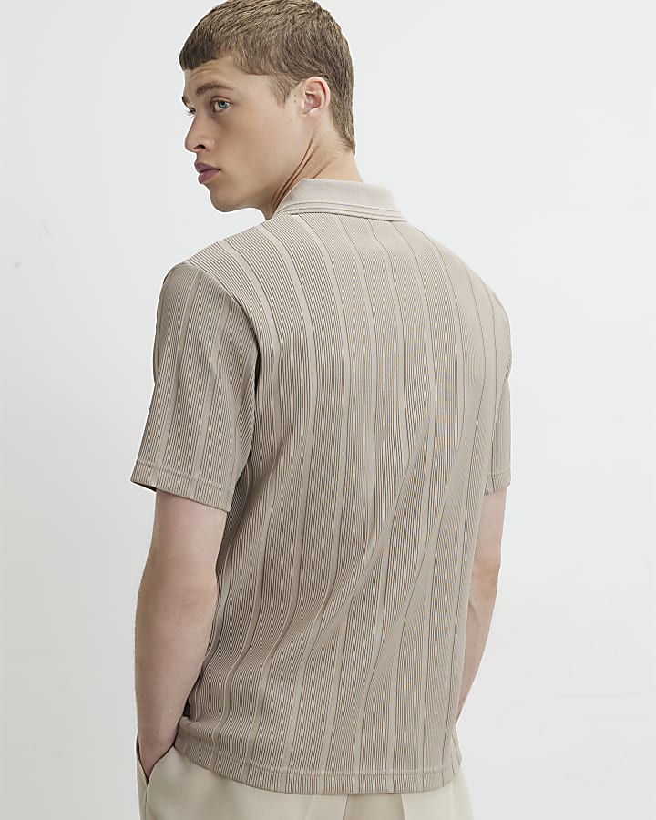 Beige Slim Fit Textured On Polo Shirt