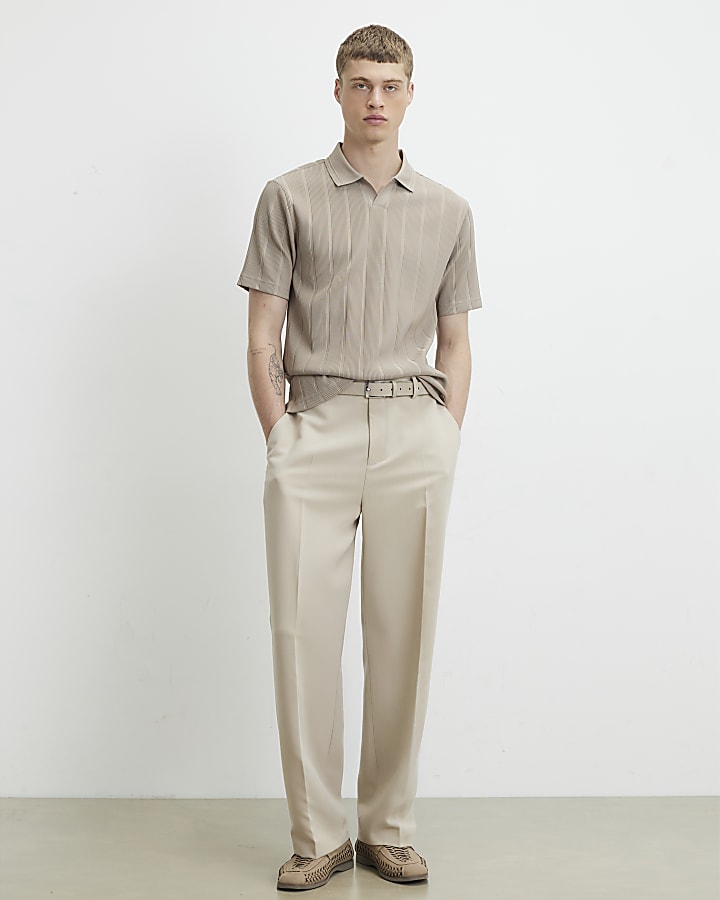 Beige Slim Fit Textured On Polo Shirt