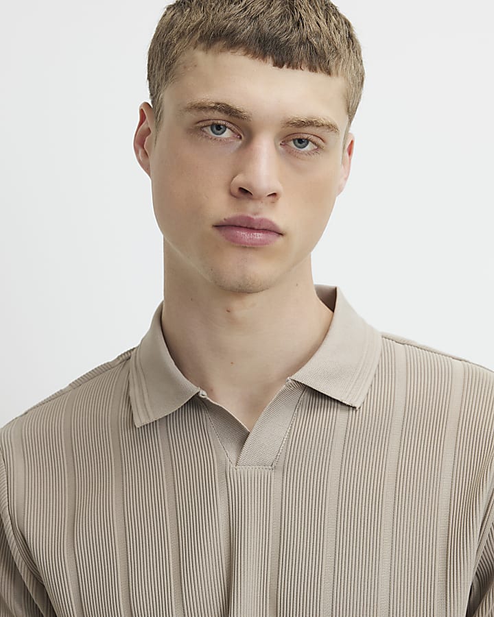Beige Slim Fit Textured On Polo Shirt