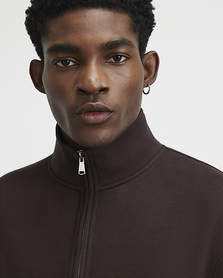 Brown Regular Fit Cotton Half Zip Sweatshirt