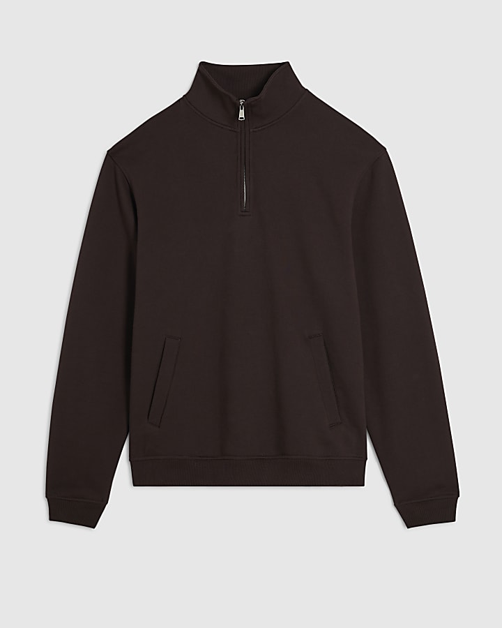 Brown Regular Fit Cotton Half Zip Sweatshirt