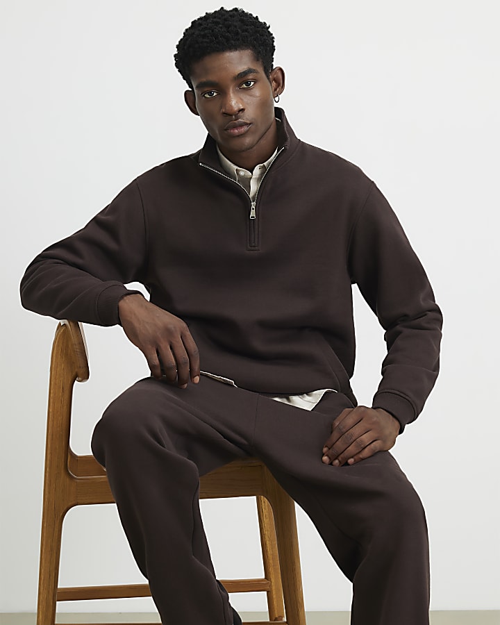 Brown Regular Fit Cotton Half Zip Sweatshirt