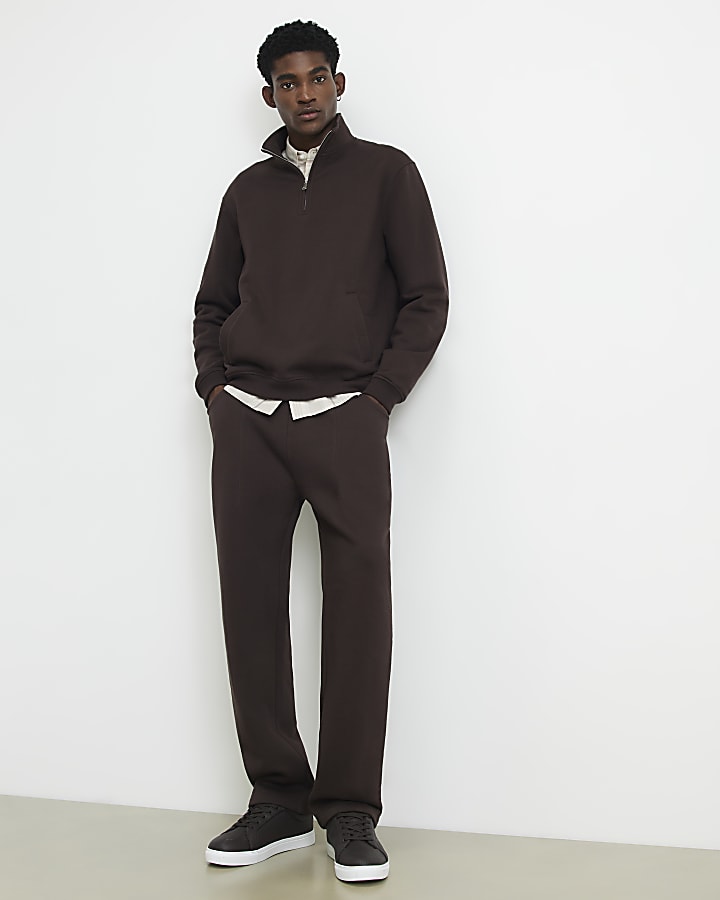 Brown Regular Fit Cotton Half Zip Sweatshirt