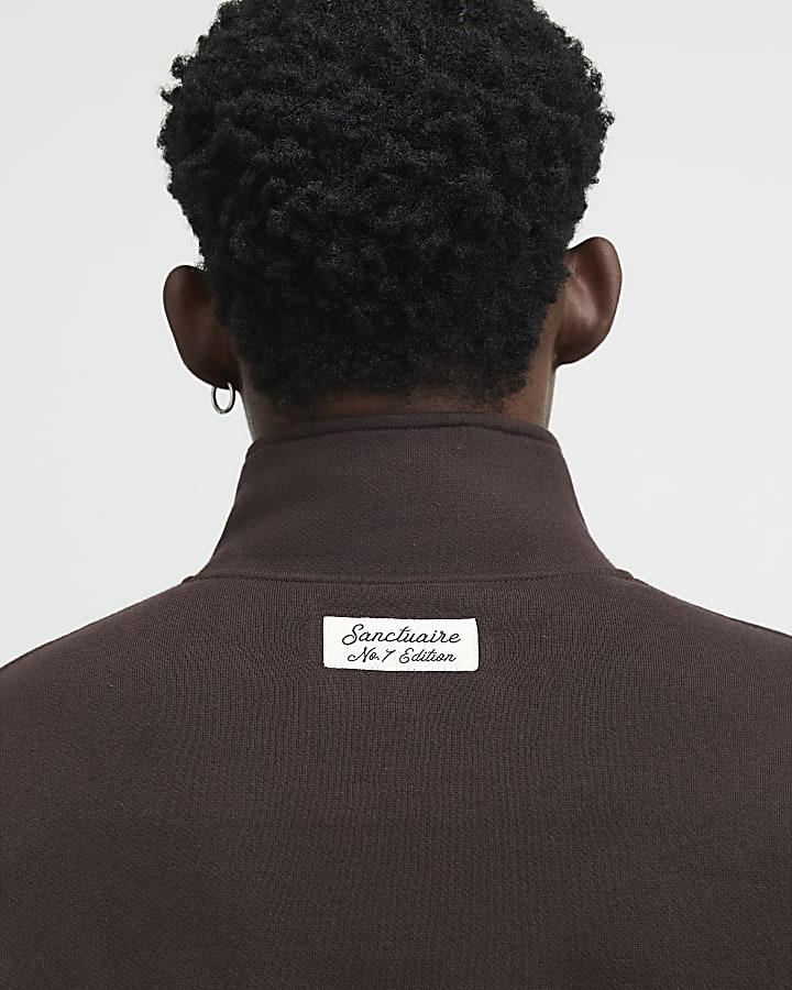 Brown Regular Fit Cotton Half Zip Sweatshirt