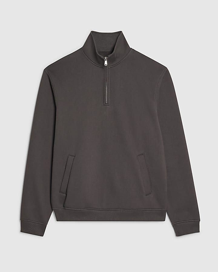 Grey Regular Fit Cotton Half Zip Sweatshirt
