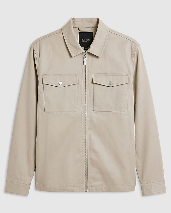Beige Corduroy Collar Cotton Twill Overshirt