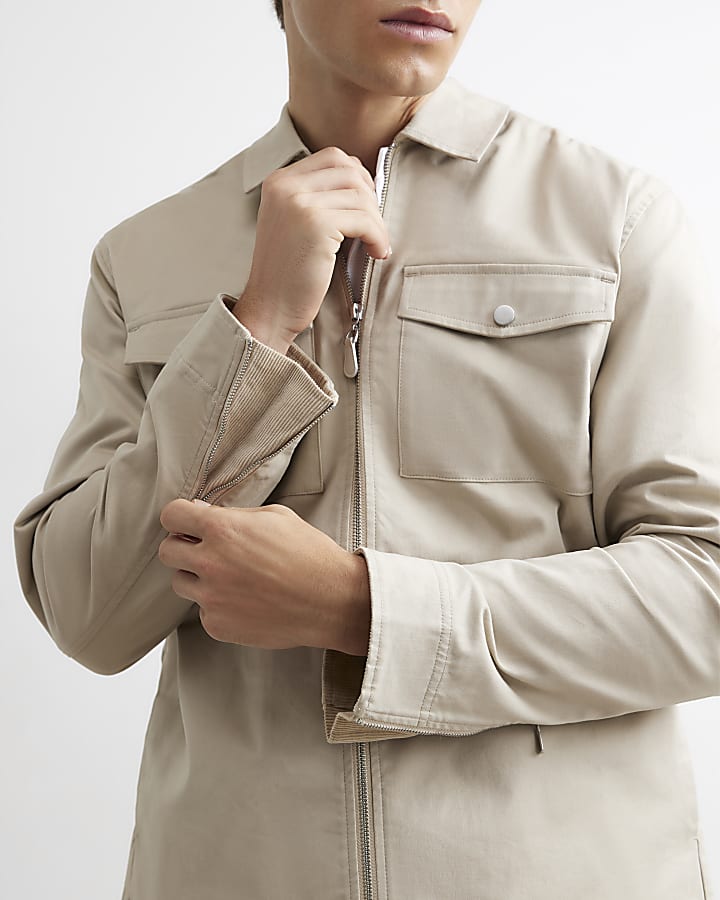 Beige Corduroy Collar Cotton Twill Overshirt