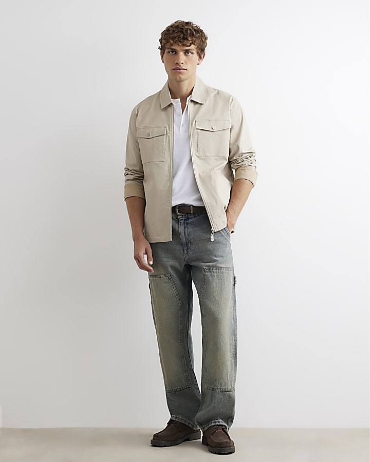 Beige Corduroy Collar Cotton Twill Overshirt