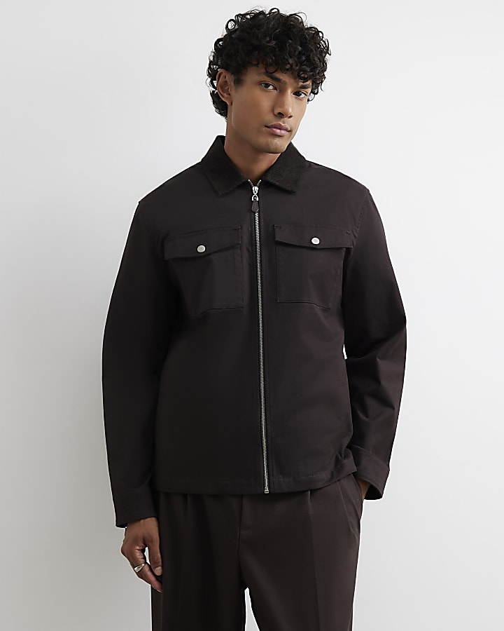 Brown Corduroy Collar Cotton Twill Overshirt