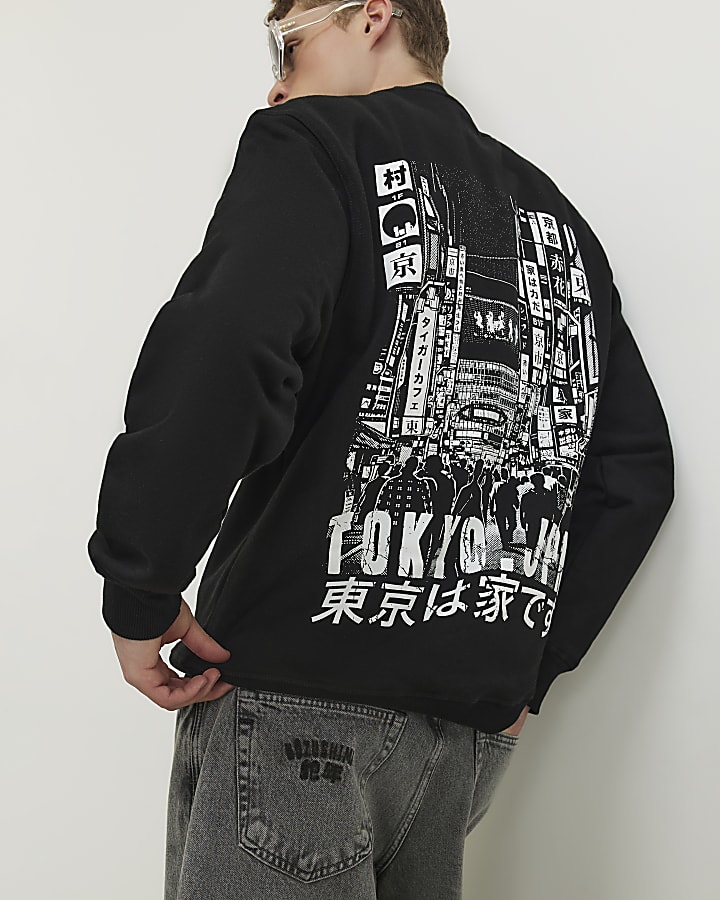 Black Oversized Tokyo Streets Mono Sweatshirt