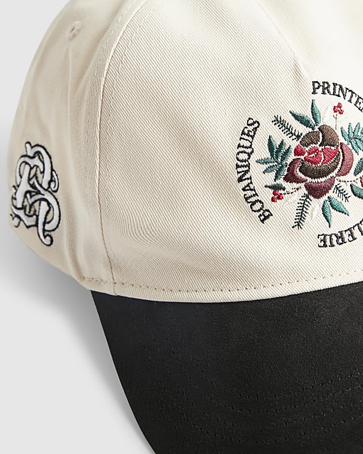 Cream Floral Blocked Flat Peak Cap