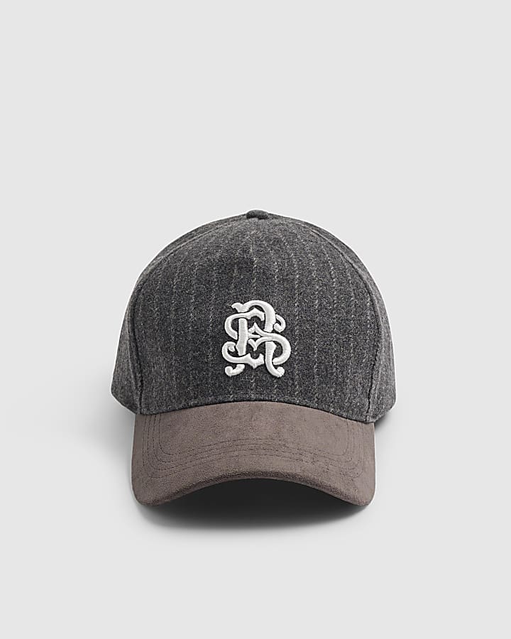 Grey Cotton Pinstripe Script Embroidered Cap