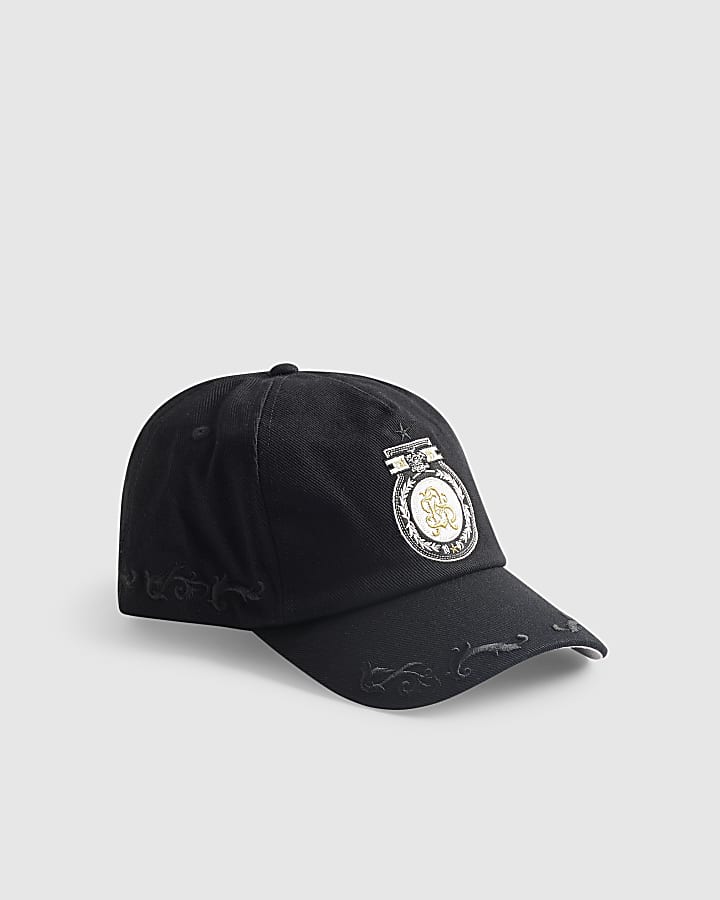 Black Baroque Embroidery Badged Cap