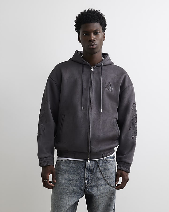 Grey Cotton Baroque Zip Through Hoodie