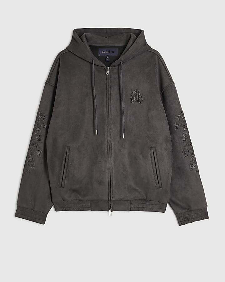 Grey Cotton Baroque Zip Through Hoodie