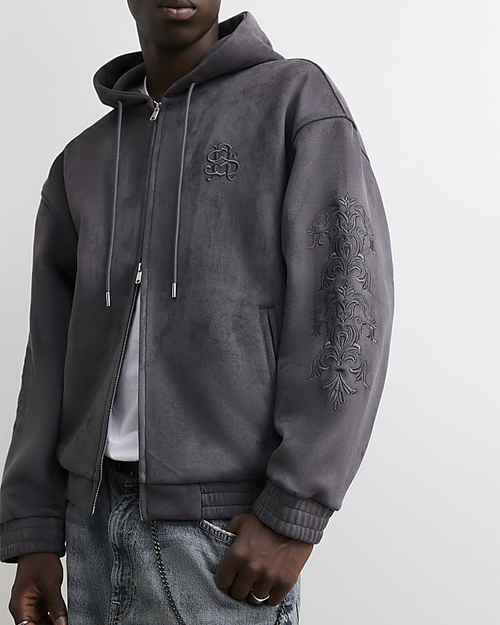Grey Cotton Baroque Zip Through Hoodie