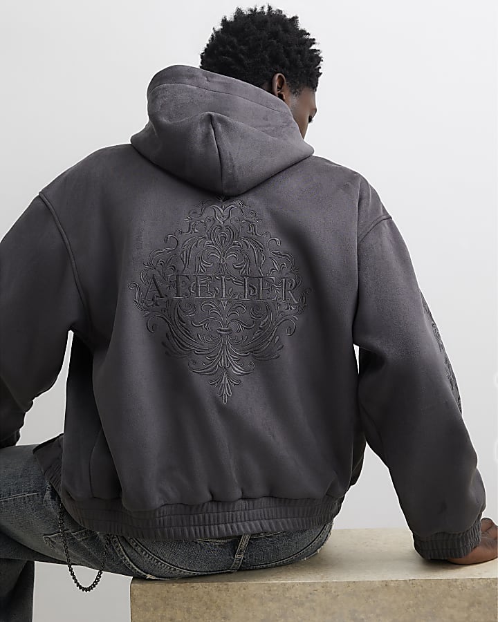 Grey Cotton Baroque Zip Through Hoodie
