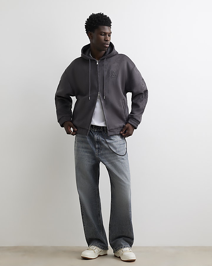 Grey Cotton Baroque Zip Through Hoodie