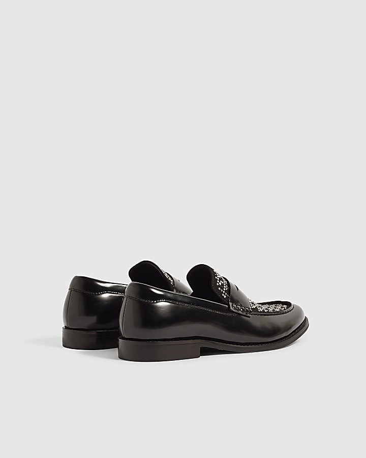 Black Faux Leather Diamante Loafers