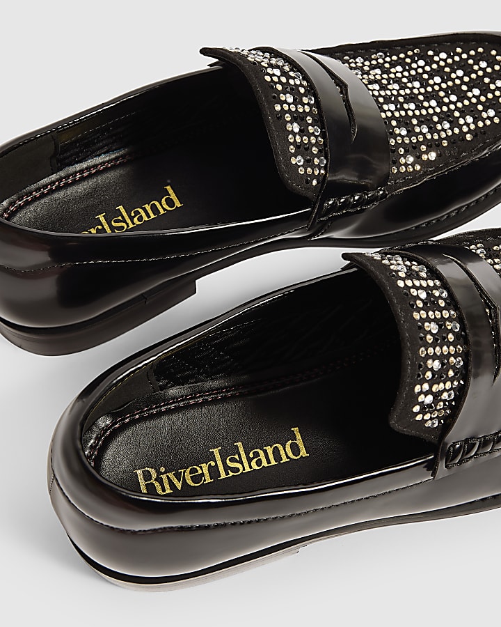 Black Faux Leather Diamante Loafers