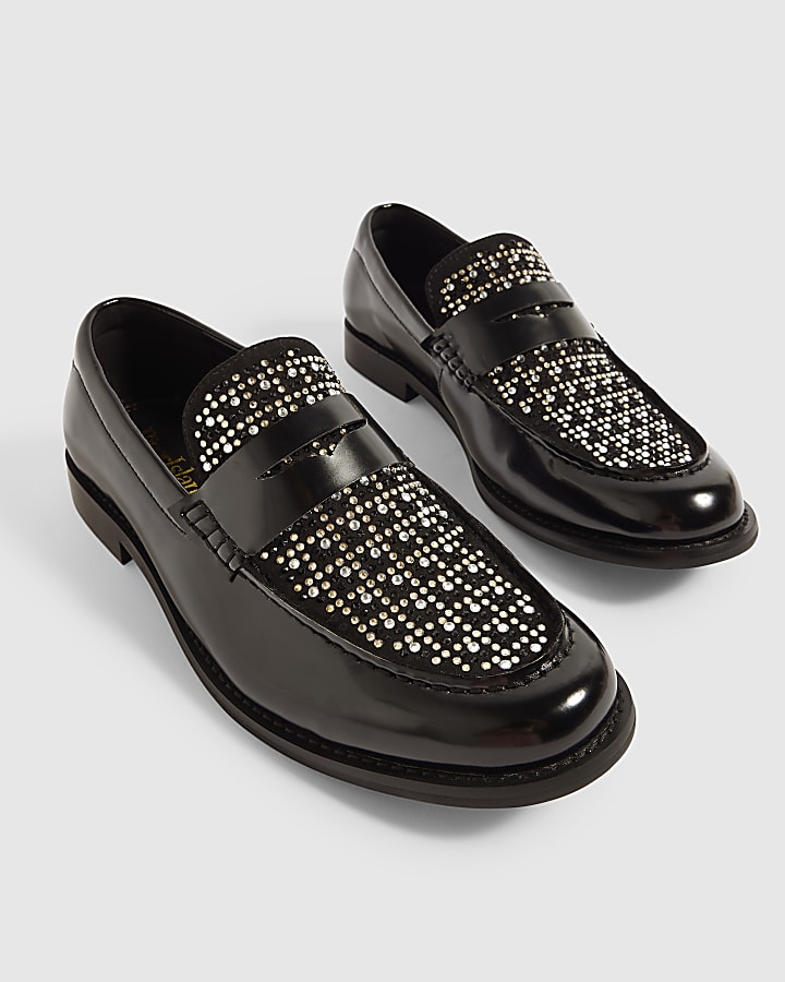 Black Faux Leather Diamante Loafers