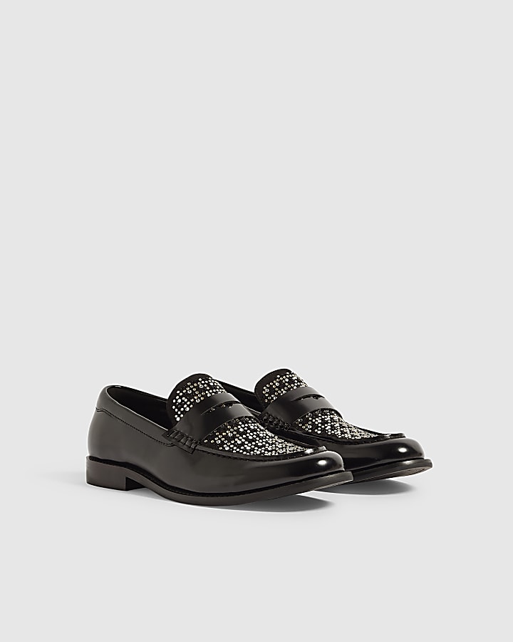 Black Faux Leather Diamante Loafers