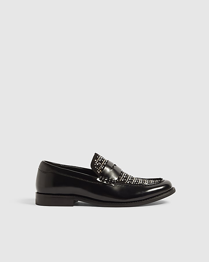 Black Faux Leather Diamante Loafers