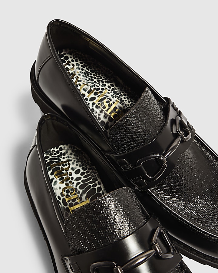 Black Faux Leather Monogram Loafers