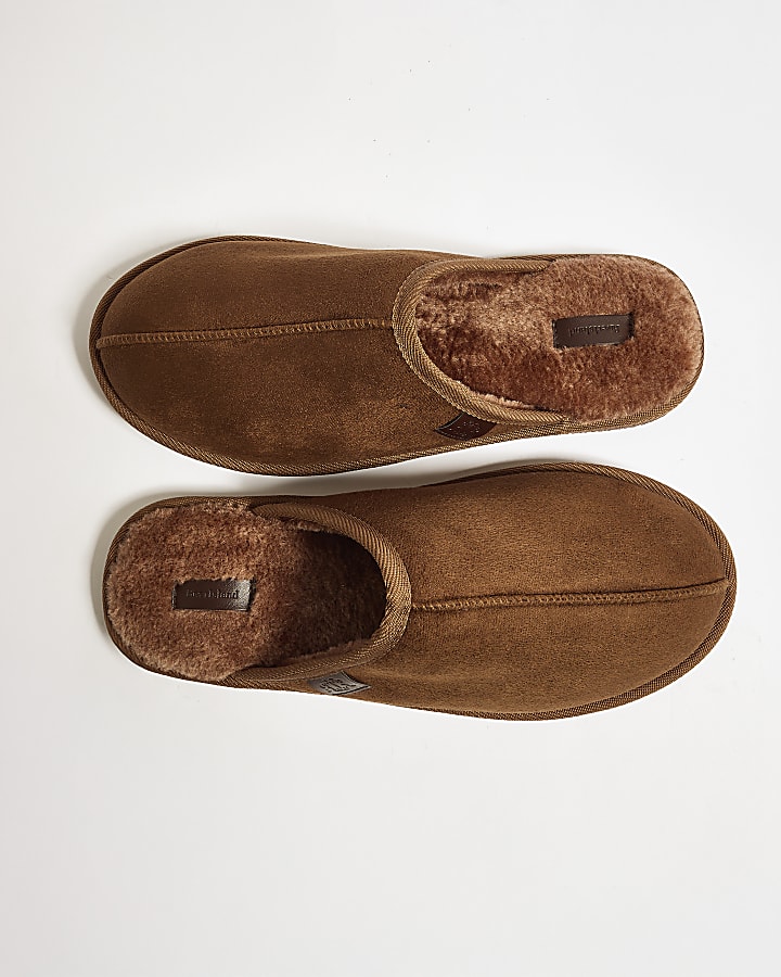 Brown Fur Lined Slip On Mule Slippers