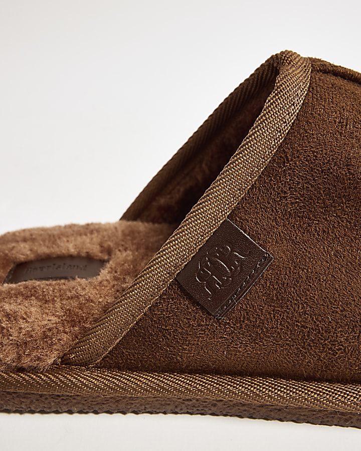 Brown Fur Lined Slip On Mule Slippers