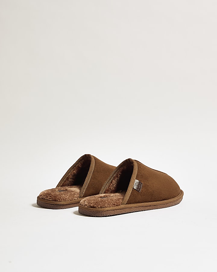 Brown Fur Lined Slip On Mule Slippers