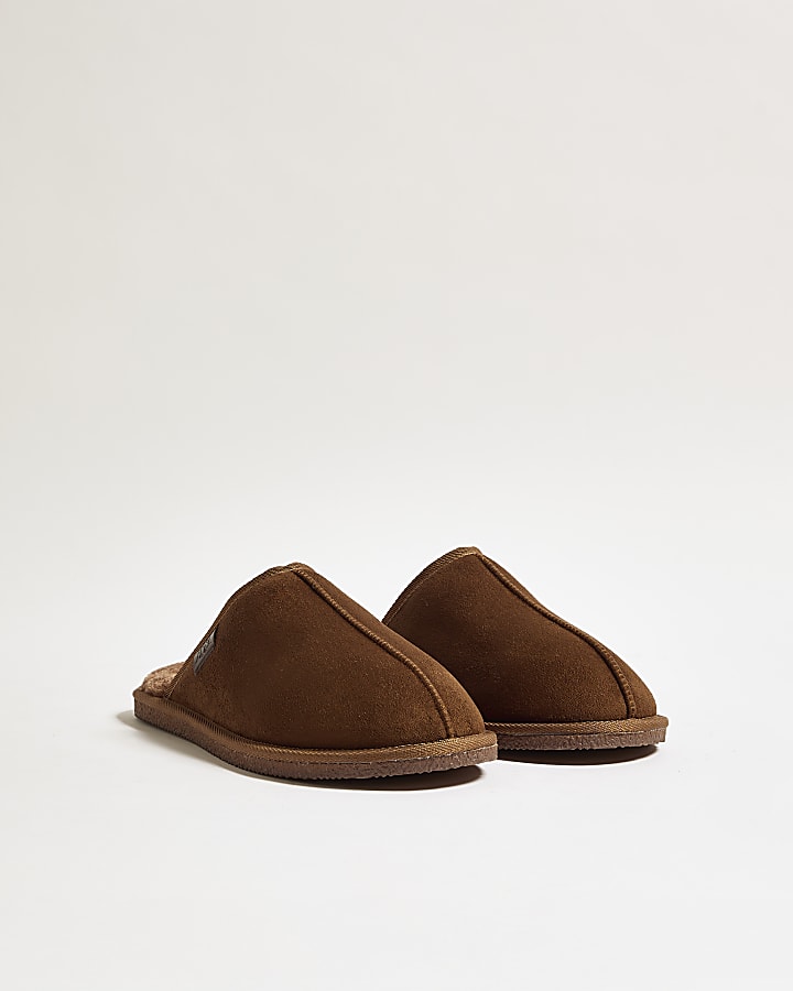 Brown Fur Lined Slip On Mule Slippers