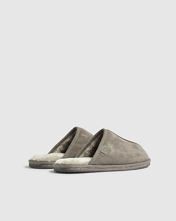 Grey Faux Fur Lined Slip On Mule Slippers