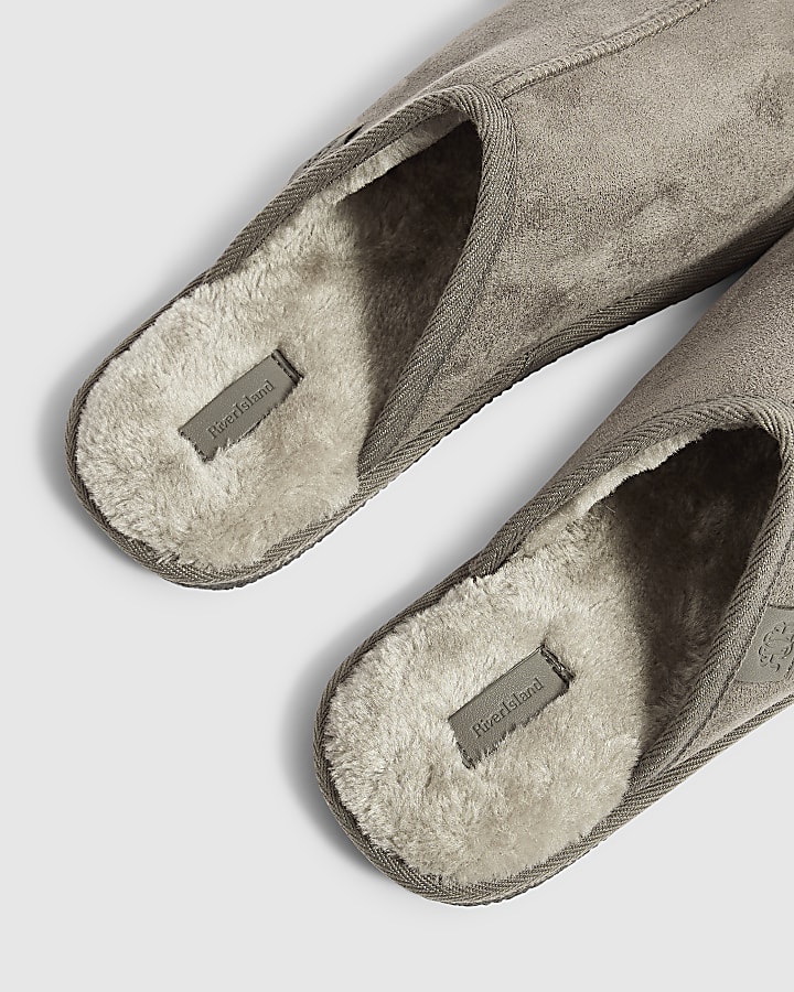 Grey Faux Fur Lined Slip On Mule Slippers