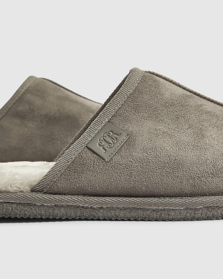Grey Faux Fur Lined Slip On Mule Slippers