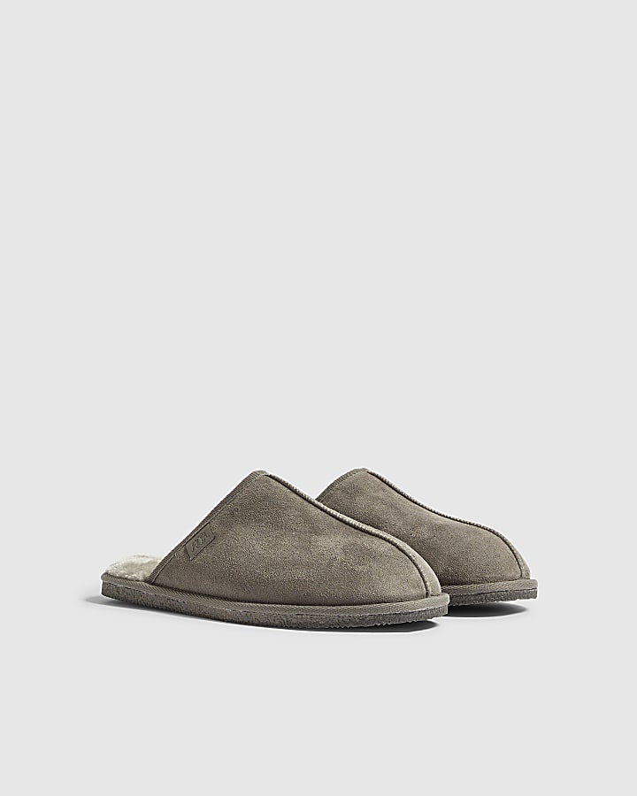 Grey Faux Fur Lined Slip On Mule Slippers