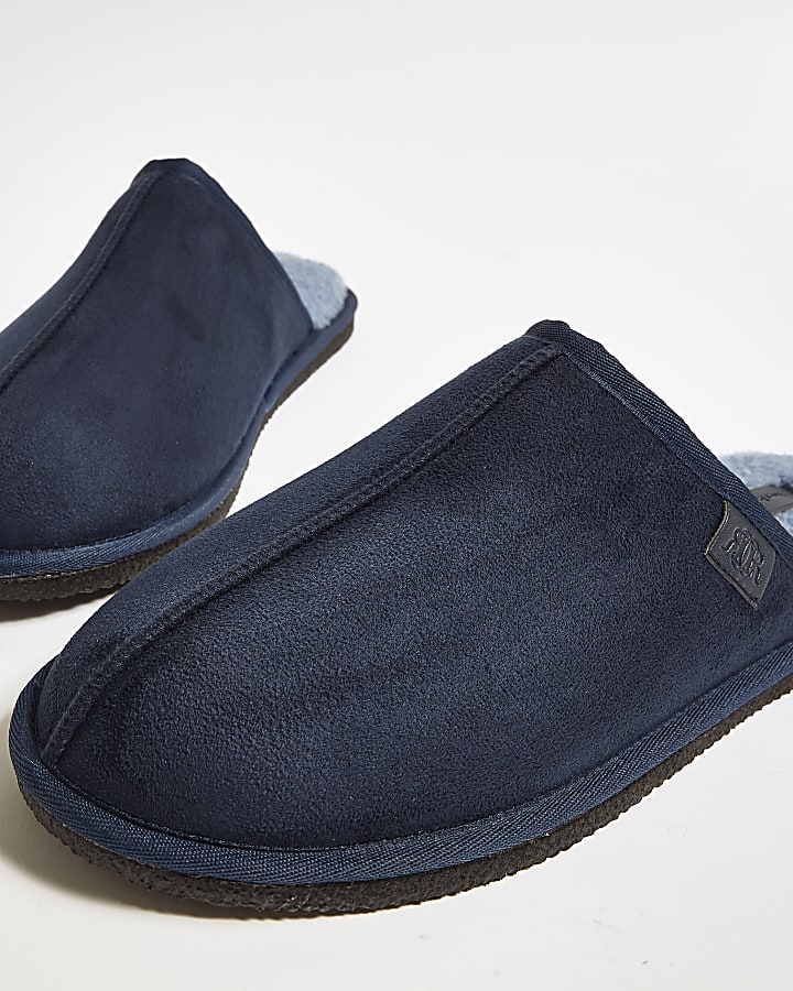 Navy Fur Lined Slip On Mule Slippers