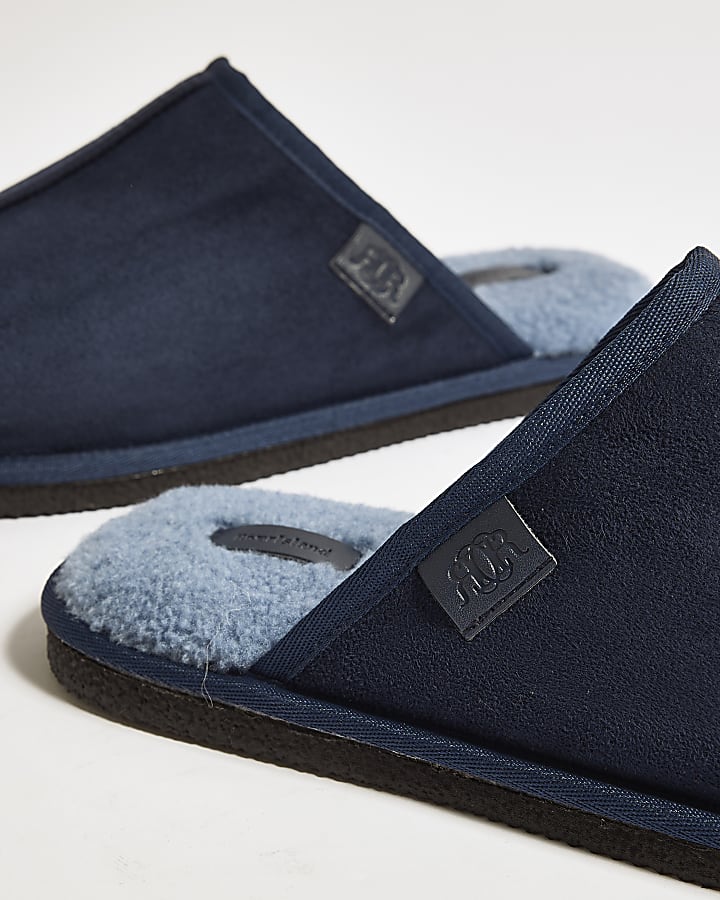 Navy Fur Lined Slip On Mule Slippers
