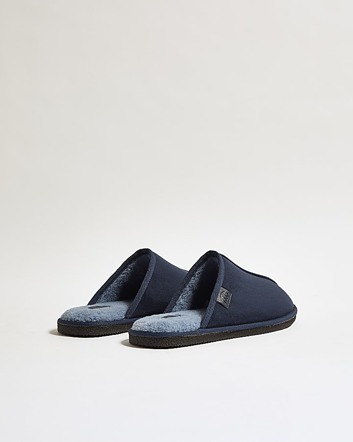 Navy Fur Lined Slip On Mule Slippers