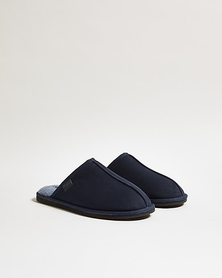 Navy Fur Lined Slip On Mule Slippers